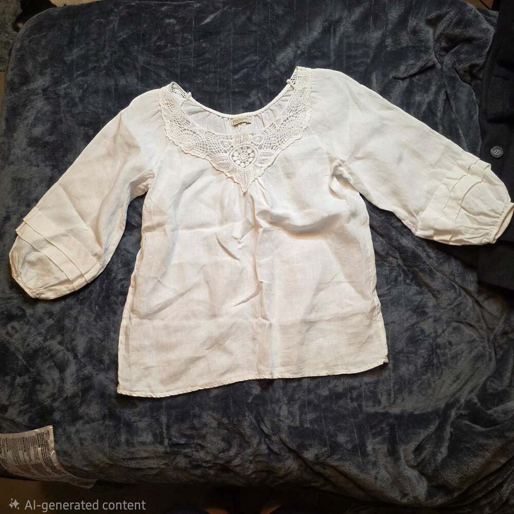 Laura Bianchi White Linen Blouse With Crochet Neckline Size S